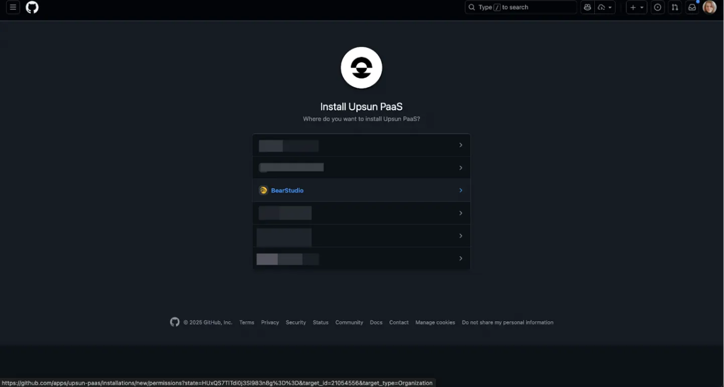 Installation de Upsun PaaS, sélection de l'espace de travail.