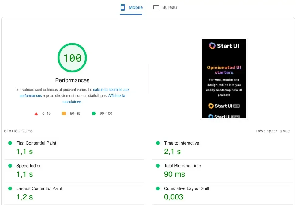 test de performance sur google page speed pour la landing page de start UI
