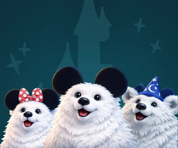 Trois mascottes ours BearStudio avec des accessoires Disney devant le château de Disneyland Paris