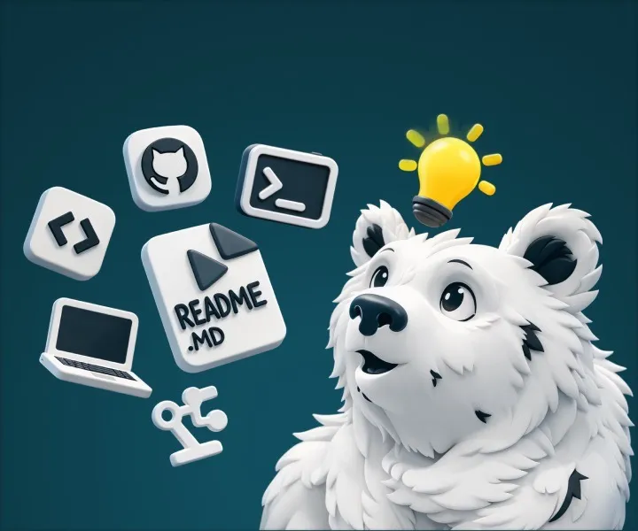 Illustration d'un ours blanc ayant une idée, entouré d'icônes de développement comme un laptop, du code et un fichier README