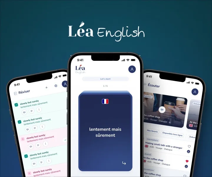 Maquettes de l'application mobile Léa English montrant des écrans de leçons sur smartphones