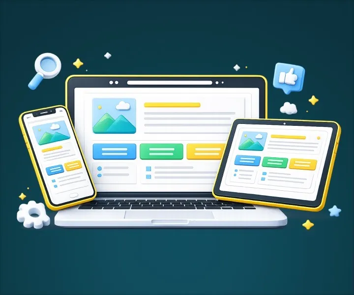 Illustration d'un laptop, une tablette et un smartphone affichant des interfaces web responsive