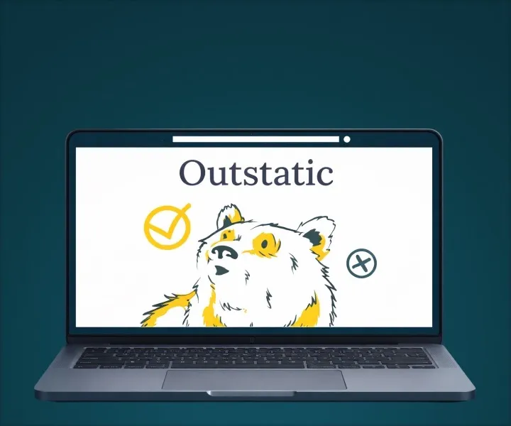 Illustration d'un laptop affichant le logo Outstatic avec un ours mascotte