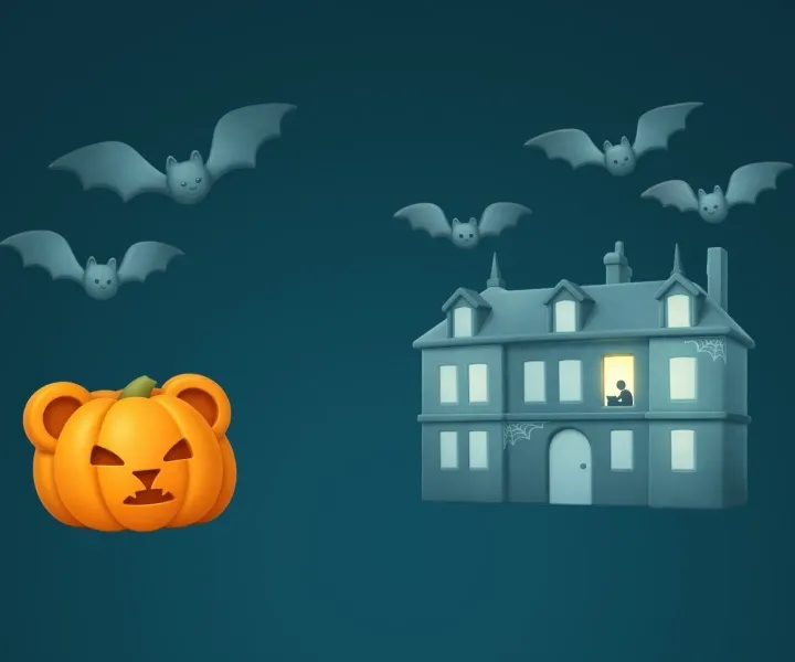 Citrouille en forme de tête d ours BearStudio avec des chauves-souris et un manoir hanté sur fond bleu nuit