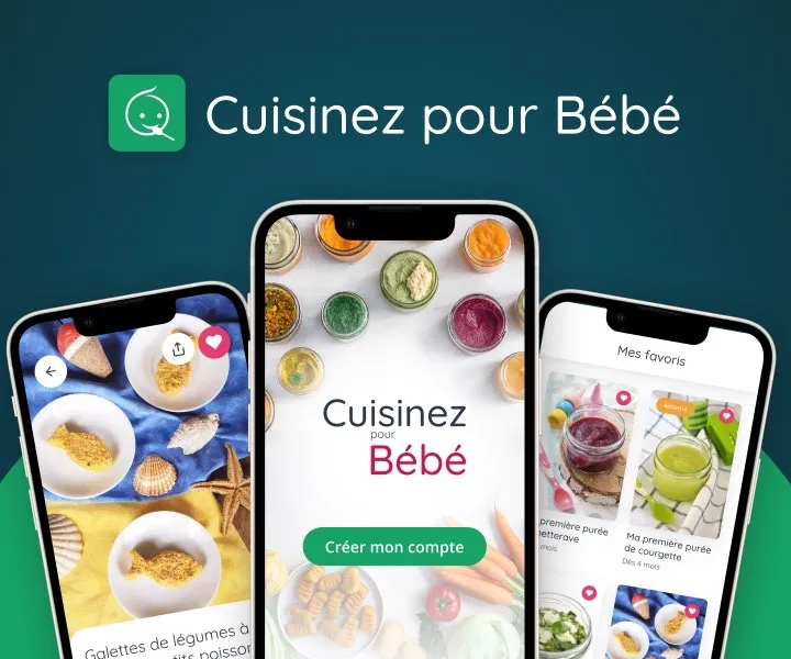 Aperçu de l'application mobile Cuisinez pour Bébé avec des écrans de recettes sur fond vert