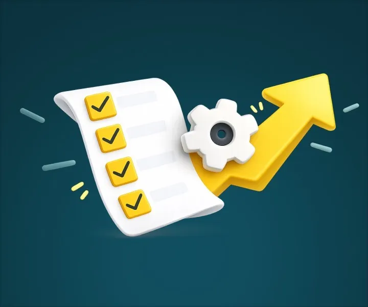 Illustration d'une checklist avec des coches, un engrenage et une flèche montante symbolisant la performance SEO