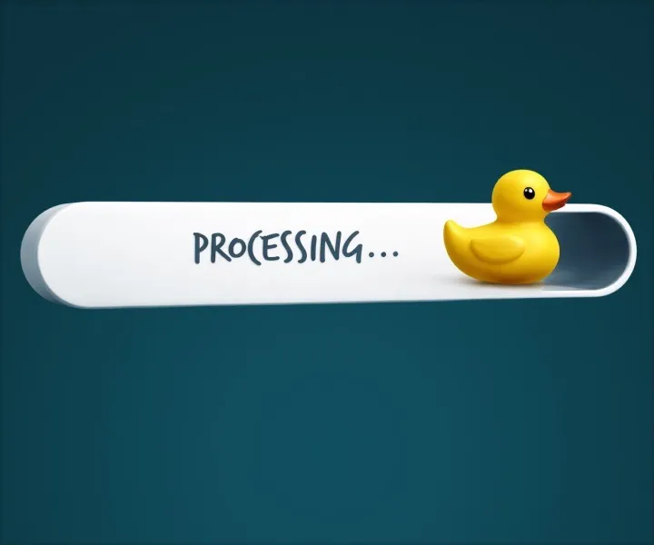 Illustration d'un canard en plastique jaune à côté d'une barre de chargement affichant Processing