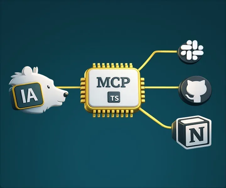 Illustration d'un processeur MCP connectant une IA à des outils comme TypeScript, GitHub et Notion