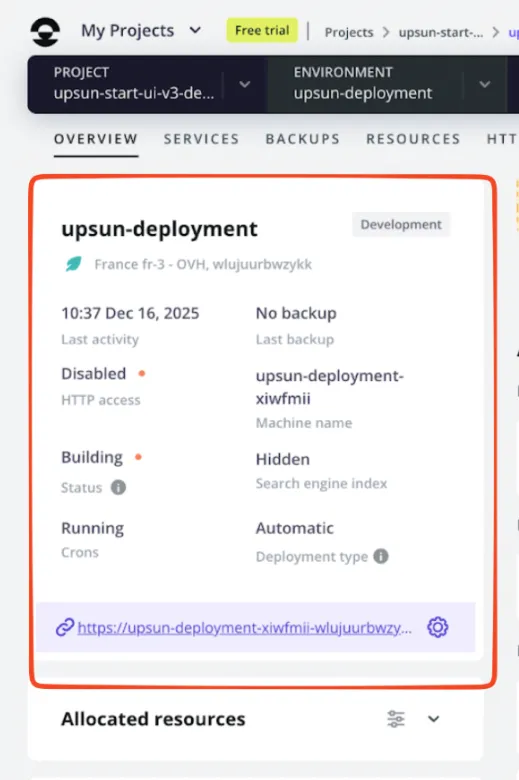 Zoom sur les options sur le tableau de bord du projet Upsun.