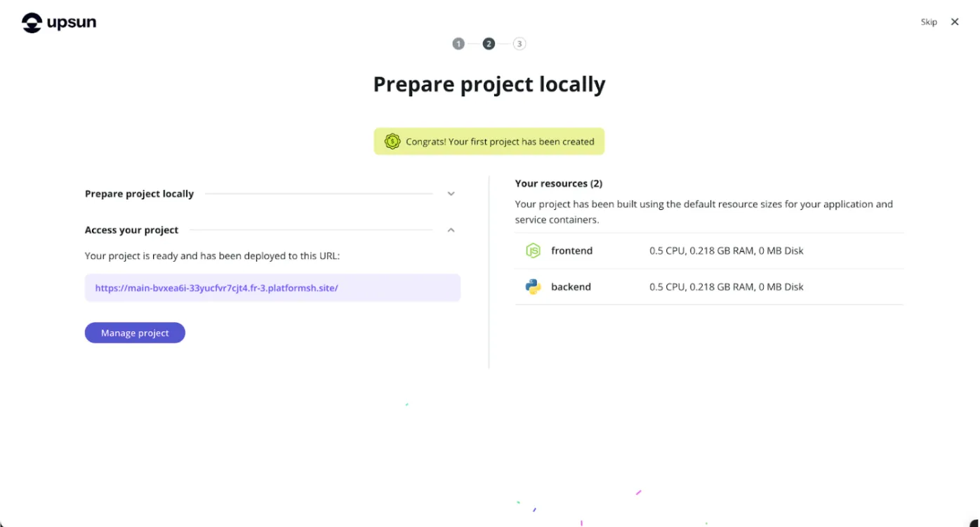 Récapitulatif du nouveau projet Upsun créé.